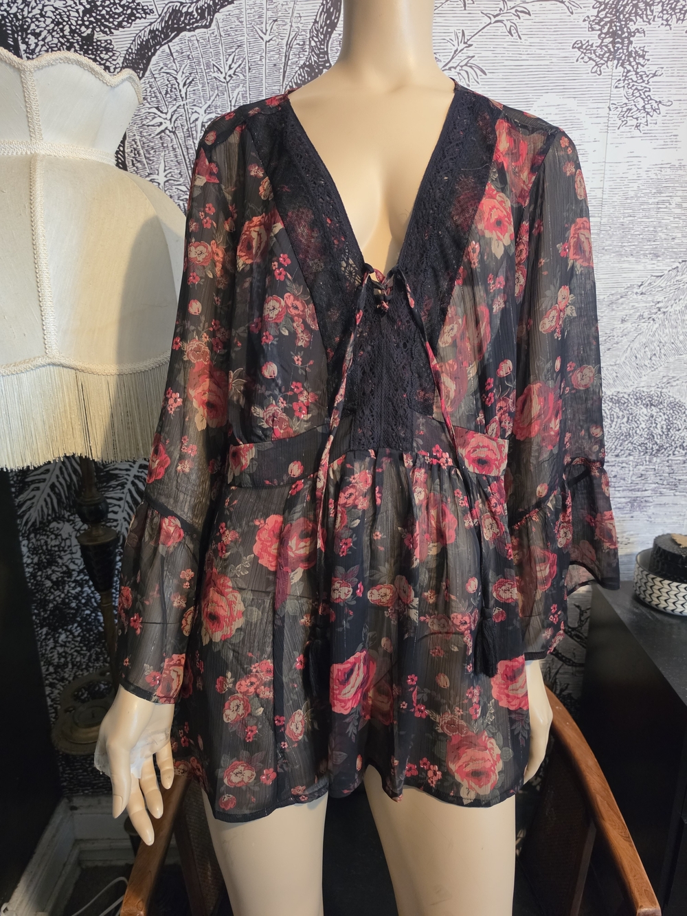 Torrid Black & Red Floral Chiffon Lace-Up Babydoll Top XXL